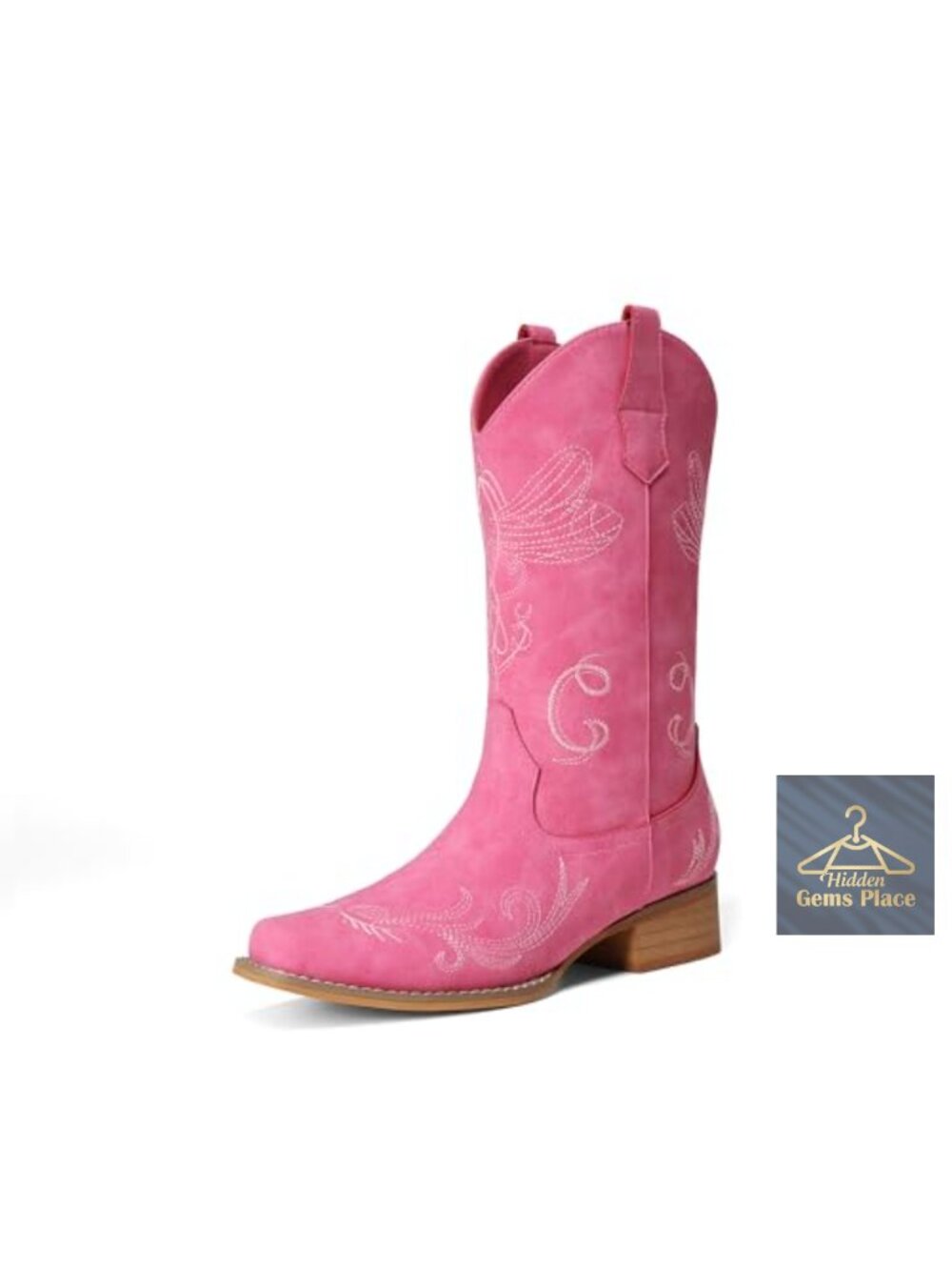 Faux Leather Embroidered Mid Calf Cowboy Boots Square Toe Block Heel Women's